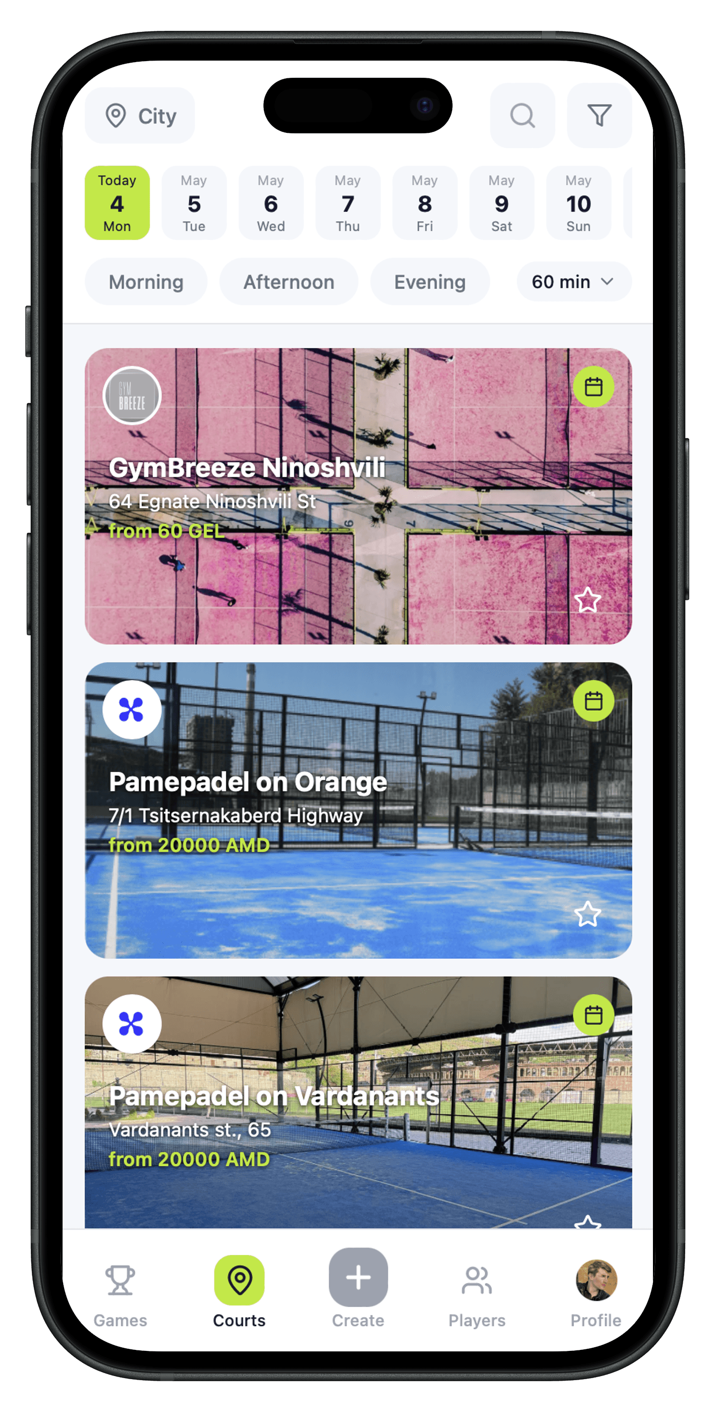RabbitMatch mobile app — courts feed