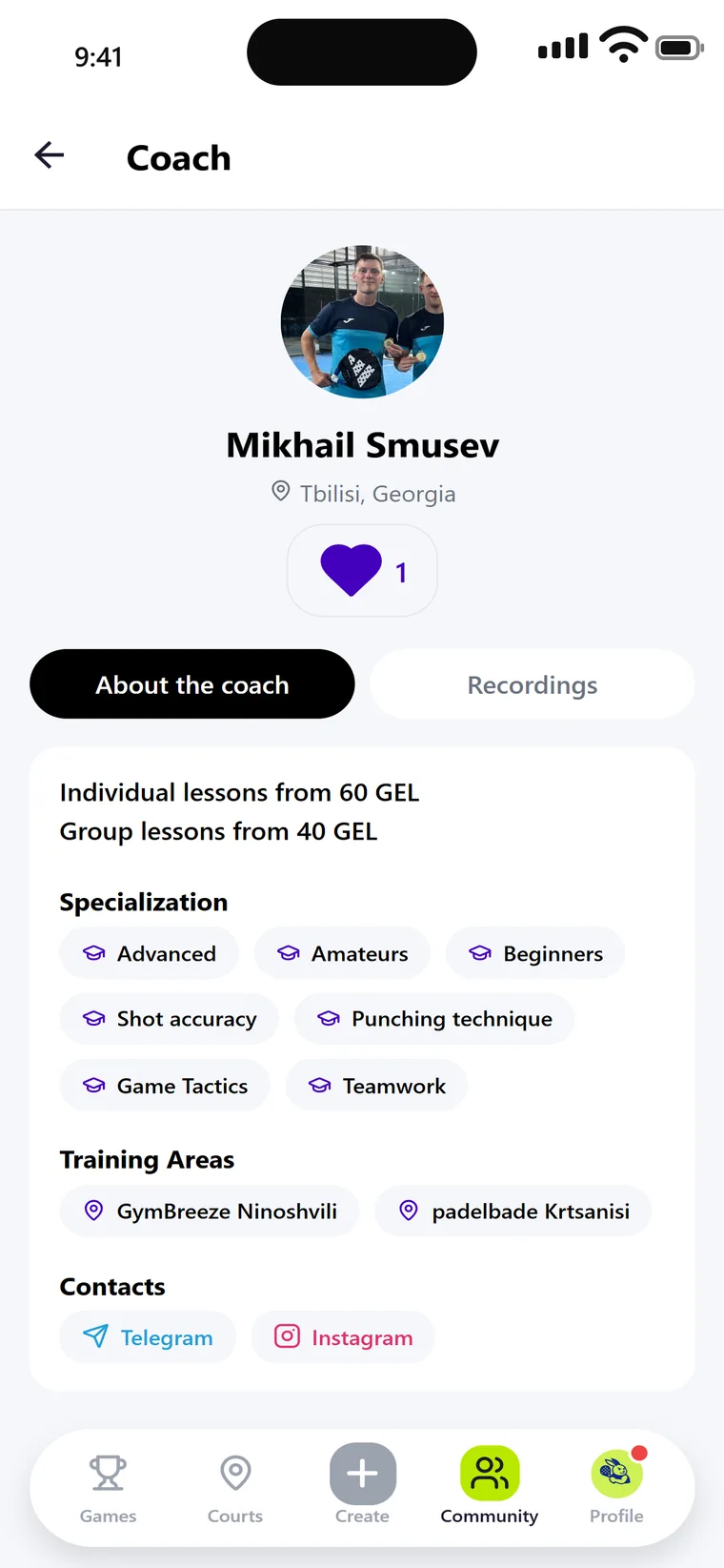 A coach page: price per lesson, what they teach and where they work.