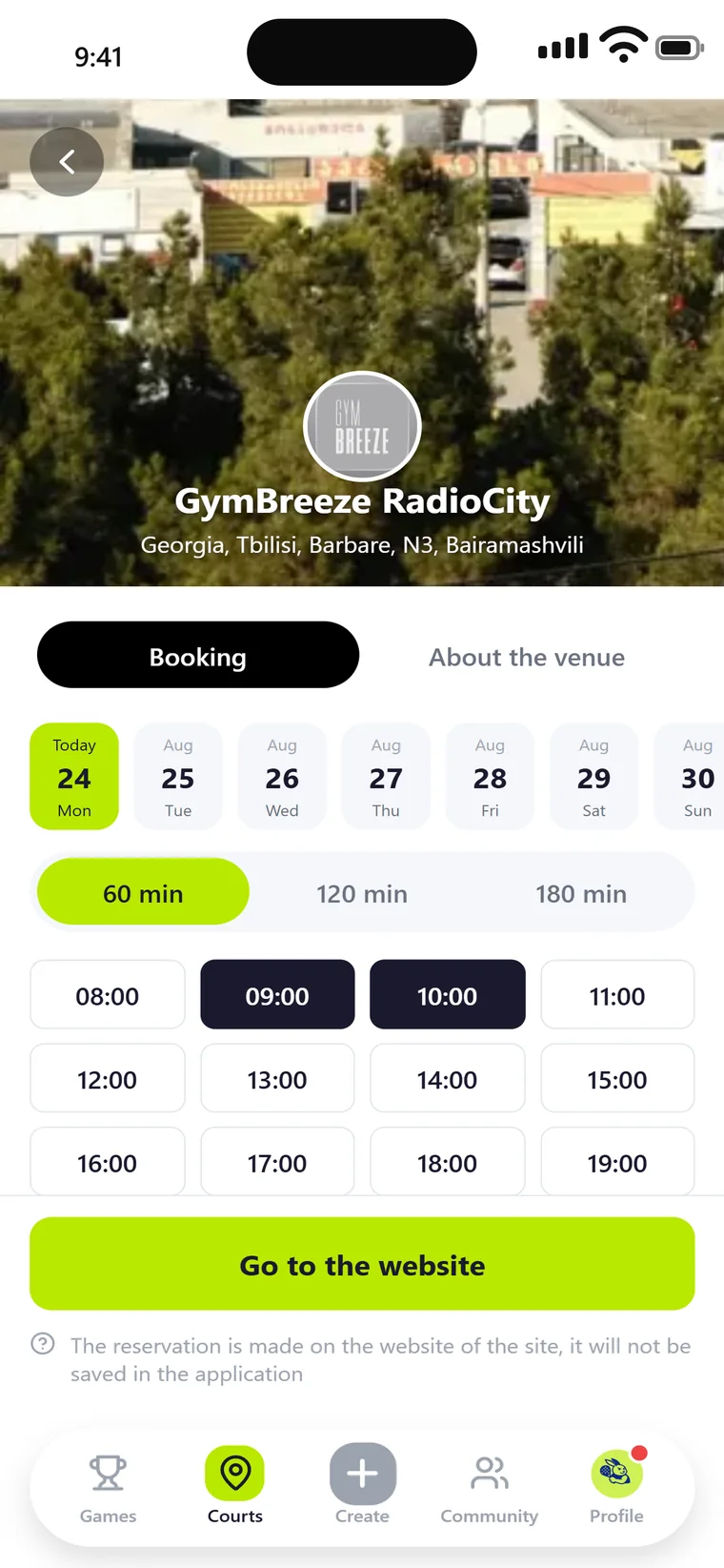 A venue page with a week of dates, a duration switch and the free slots on the courts.